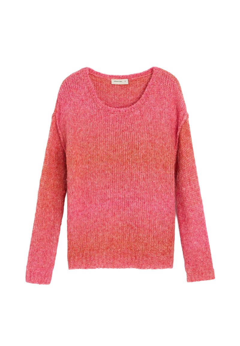 Różowy sweter z dzianiny, okrągłym dekoltem, długimi rękawami i teksturowanym wykończeniem, z gradientem od jasnoróżowego do jaśniejszego odcienia różu.