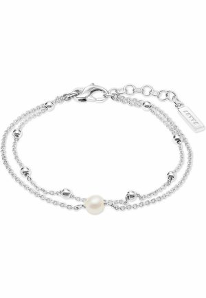 Silberarmband mit zwei Ketten, das kugelförmige Perlen und eine zentrale Perle aufweist. Inklusive eines Karabinerhakens und eines kleinen Markenanhängers.