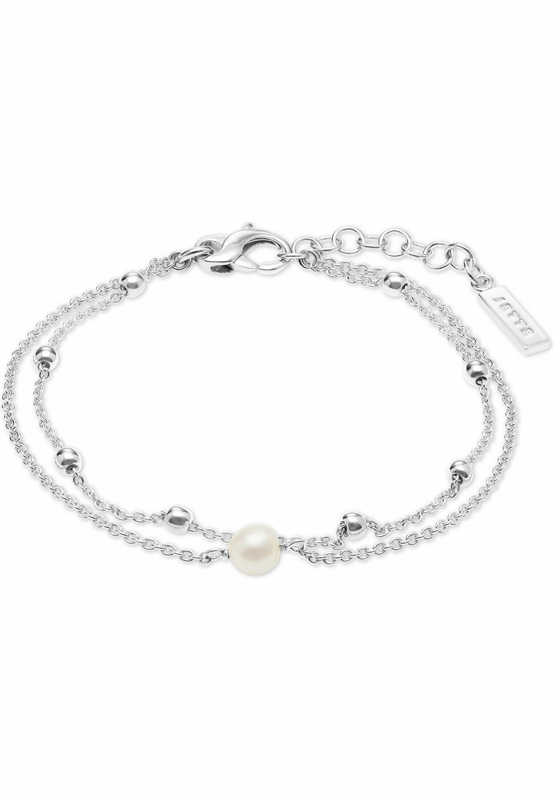 Bracciale d'argento con due catene, caratterizzato da perle sferiche e una perla centrale. Include una chiusura a gancio e un piccolo tag con il marchio.