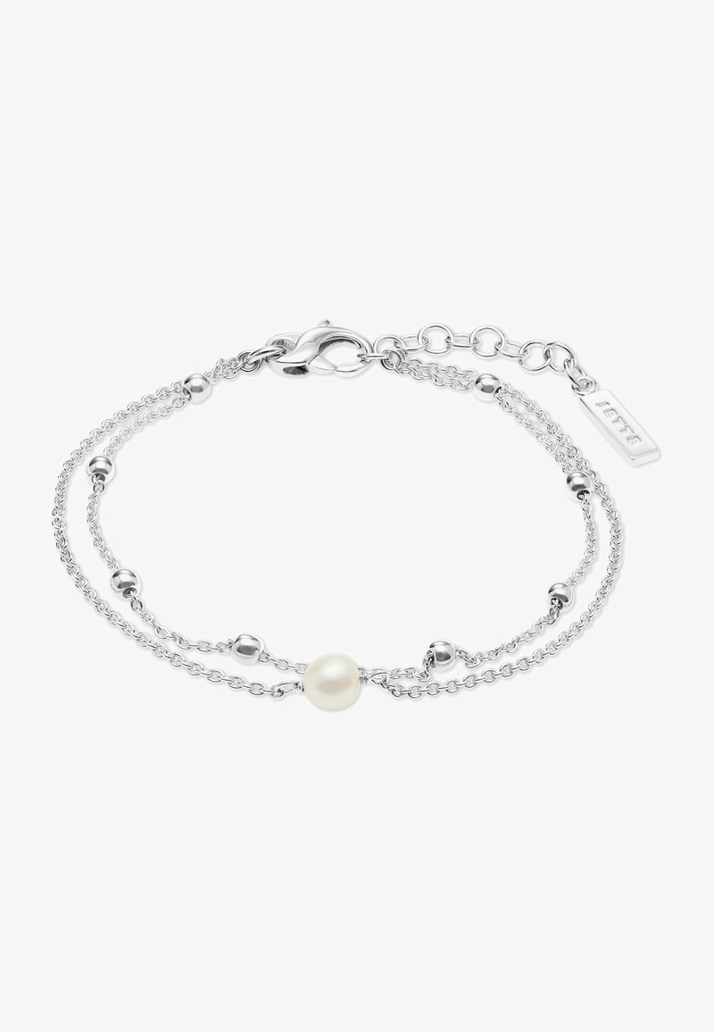 Bracciale d'argento con due catene, caratterizzato da perle sferiche e una perla centrale. Include una chiusura a gancio e un piccolo tag con il marchio.