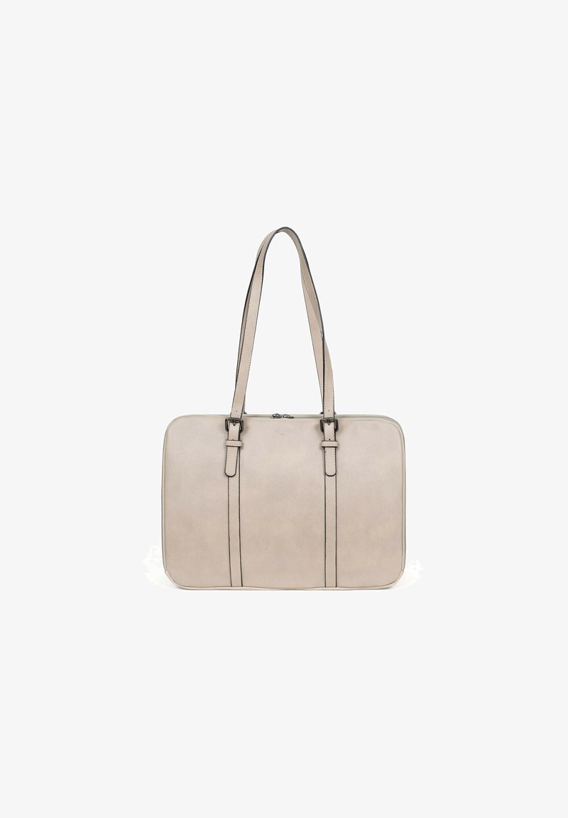 Lichtbeige lederen tote bag met twee schouderbanden, rechthoekige vorm, ritssluiting aan de bovenkant en contrasterende zwarte stikdetails.