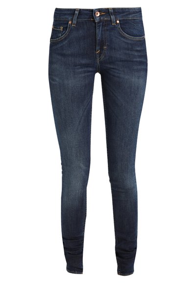 Skinny jeans van donkerblauwe denim met een gladde textuur, voorzien van vijf zakken en koperen hardwaredetails. Klassieke stijl met een aansluitende pasvorm.