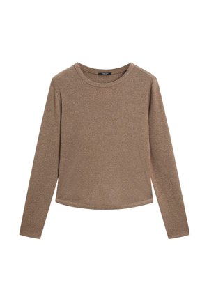 Long-sleeve top in a solid light brown fabric, featuring a round neckline and a relaxed fit, with smooth texture and no visible patterns.