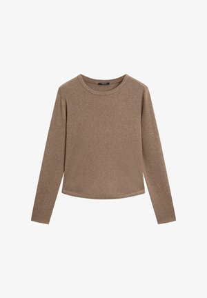 Long-sleeve top in a solid light brown fabric, featuring a round neckline and a relaxed fit, with smooth texture and no visible patterns.