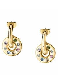 Orecchini circolari in tono oro con design a loop intrecciato, decorati con cristalli multicolori lungo il bordo. Superficie liscia e lucida.