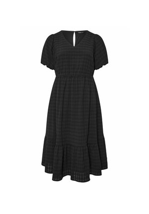 Black dress with short puff sleeves, V-shaped neckline, and a keyhole back. Features a tiered skirt with a checkered texture.