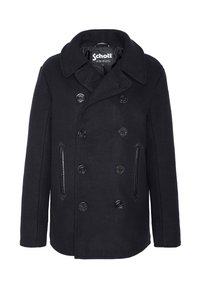 Manteau en laine noire avec une coupe croisée à double boutonnage, de grands boutons, un col pointu et des poches latérales agrémentées de garnitures en cuir.