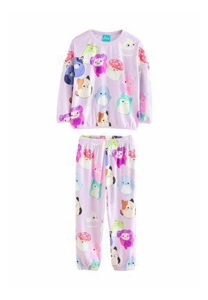 Purple pajama set featuring a long-sleeve top and matching pants, both adorned with colorful animal and mushroom graphics on a soft fabric.