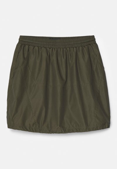 Olive green, lightweight skirt with an elastic waistband, gathered texture, side pockets, and stitched detailing.