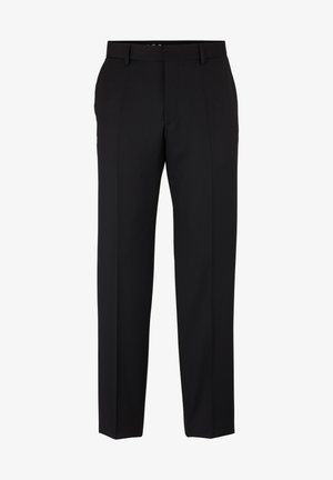 Black dress pants featuring a tailored fit, straight legs, belt loops, and no visible patterns or embellishments. Classic design.