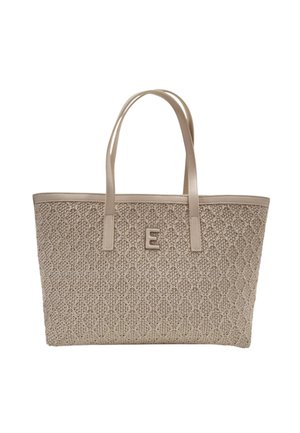 Borsa tote in tessuto beige con motivo testurizzato, manici in pelle e un logo decorativo "E" sul davanti. Design spazioso per l'uso quotidiano.