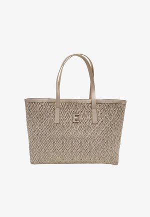Borsa tote in tessuto beige con motivo testurizzato, manici in pelle e un logo decorativo "E" sul davanti. Design spazioso per l'uso quotidiano.
