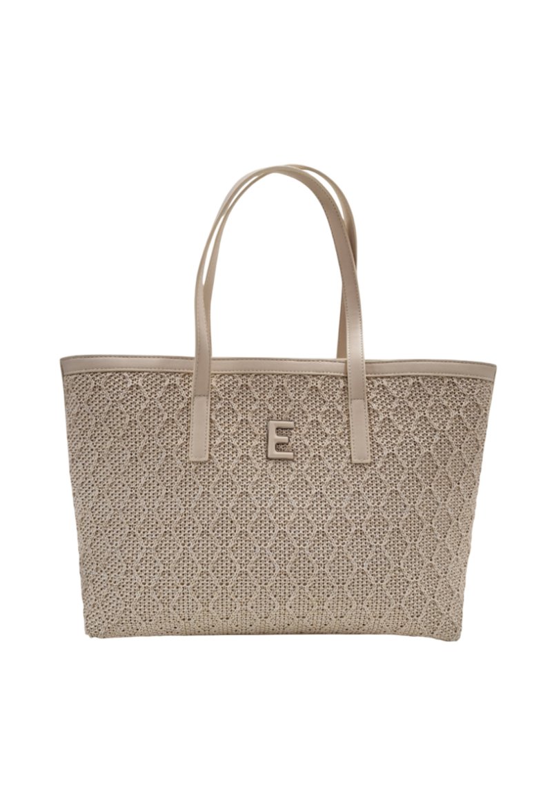 Borsa tote in tessuto beige con motivo testurizzato, manici in pelle e un logo decorativo "E" sul davanti. Design spazioso per l'uso quotidiano.