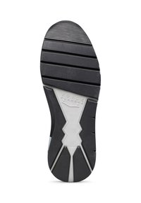 Suola di scarpa in gomma nera con scanalature testurizzate e un accento centrale bianco. Presenta un marchio inciso sul lato e un design geometrico distintivo.