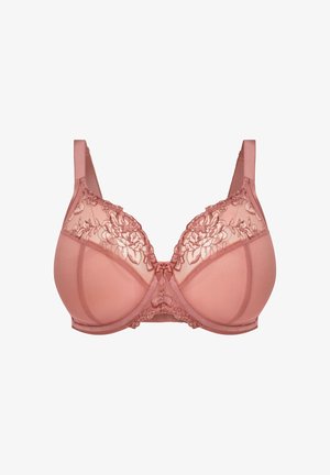 Roze bh met bloemenkantdetails, onderbroken ondersteuning, gladde cups, verstelbare bandjes en een decoratieve strik in het midden.