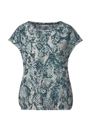 Short-sleeve top in a snakeskin pattern featuring shades of green, white, and black, made from lightweight, textured fabric.