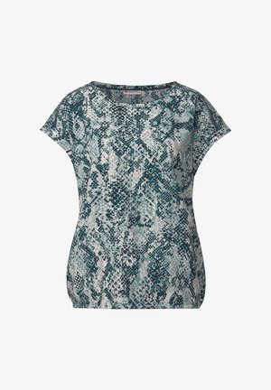 Tričko s krátkým rukávem v hadím vzoru s odstíny zelené, bílé a černé, vyrobené z lehké strukturované tkaniny.