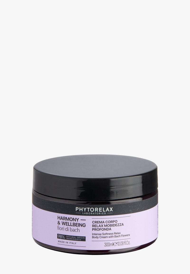 Schwarzdeckeltes Glas mit Phytorelax Harmony & Wellbeing Körpercreme mit Bachblüten, hergestellt in Italien, 300 ml, 98 % Inhaltsstoffe natürlichen Ursprungs.