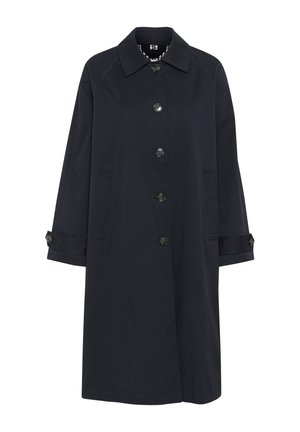 Manteau bleu marine en tissu lisse, avec un col, six boutons sur le devant, deux poches latérales et des poignets repliés.
