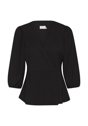 Musthave musterniga V-kaelusega must peplum top, pikad puff-sleeved, tekstuuriga kangast. Omab keeratavat disaini ja sobivat vööd.