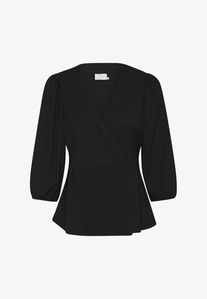 Mustapekka, jossa on V-mallinen kaula-aukko ja pitkät puff-hihat, valmistettu teksturoidusta kankaasta. Sisältää kietaisumallin ja istuvan vyötärön.