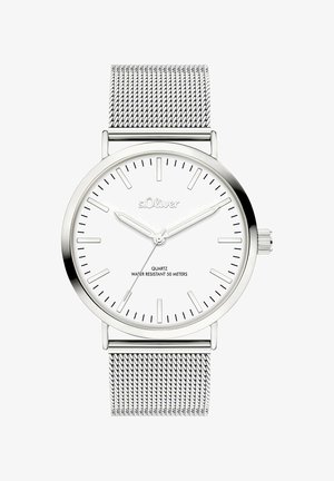 Silberne Armbanduhr mit weißem Zifferblatt, Mesh-Armband, minimalistischen Stundenmarkierungen, drei Zeigern, die 10:11:35 anzeigen, beschriftet mit "s.Oliver" und "Wasserbeständig 50 Meter".