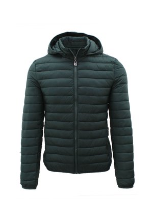 Giacca imbottita verde scuro con cuciture orizzontali, zip frontale, maniche lunghe e cappuccio attaccato su sfondo bianco.