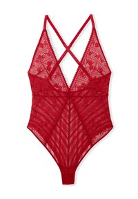 Body rosso in pizzo con motivi floreali, spalline incrociate, bordi ondulati e una vestibilità aderente che mette in risalto una consistenza trasparente.