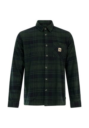 Donker groen en marineblauw geruite overhemd met lange mouwen, knoopsluiting, kraag en borstzak met een klein logo-patch.