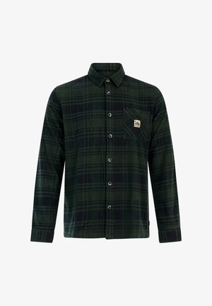 Donker groen en marineblauw geruite overhemd met lange mouwen, knoopsluiting, kraag en borstzak met een klein logo-patch.