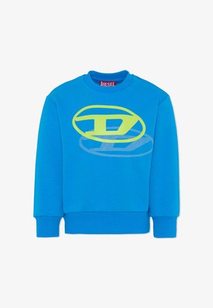 Felpa girocollo blu in cotone. Presenta una grande grafica con il logo Diesel giallo sul davanti. Polsini e orlo a costine.