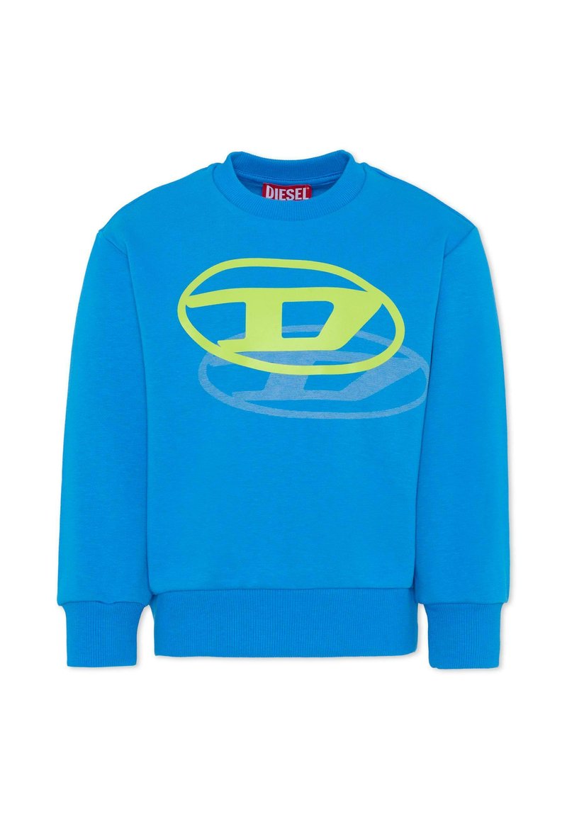 Felpa girocollo blu in cotone. Presenta una grande grafica con il logo Diesel giallo sul davanti. Polsini e orlo a costine.