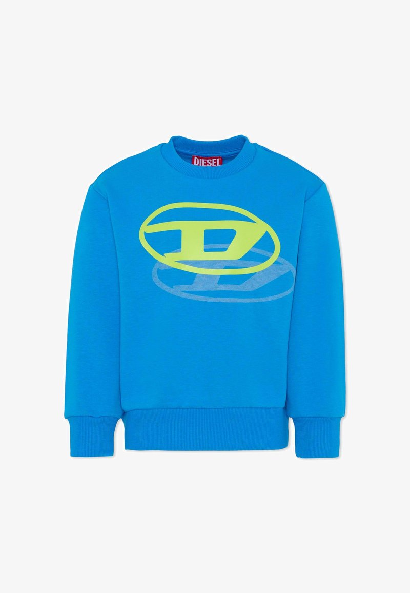 Felpa girocollo blu in cotone. Presenta una grande grafica con il logo Diesel giallo sul davanti. Polsini e orlo a costine.