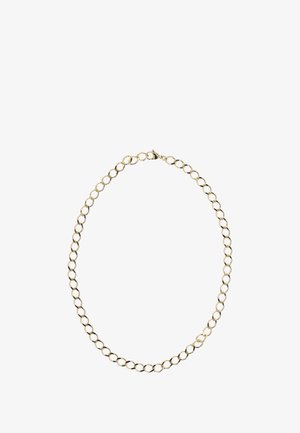 Gouden ketting met ovale schakels, gladde afwerking en een klapsluiting. Eenvoudig ontwerp met een consistente afwerking en uniforme schakelgrootte.