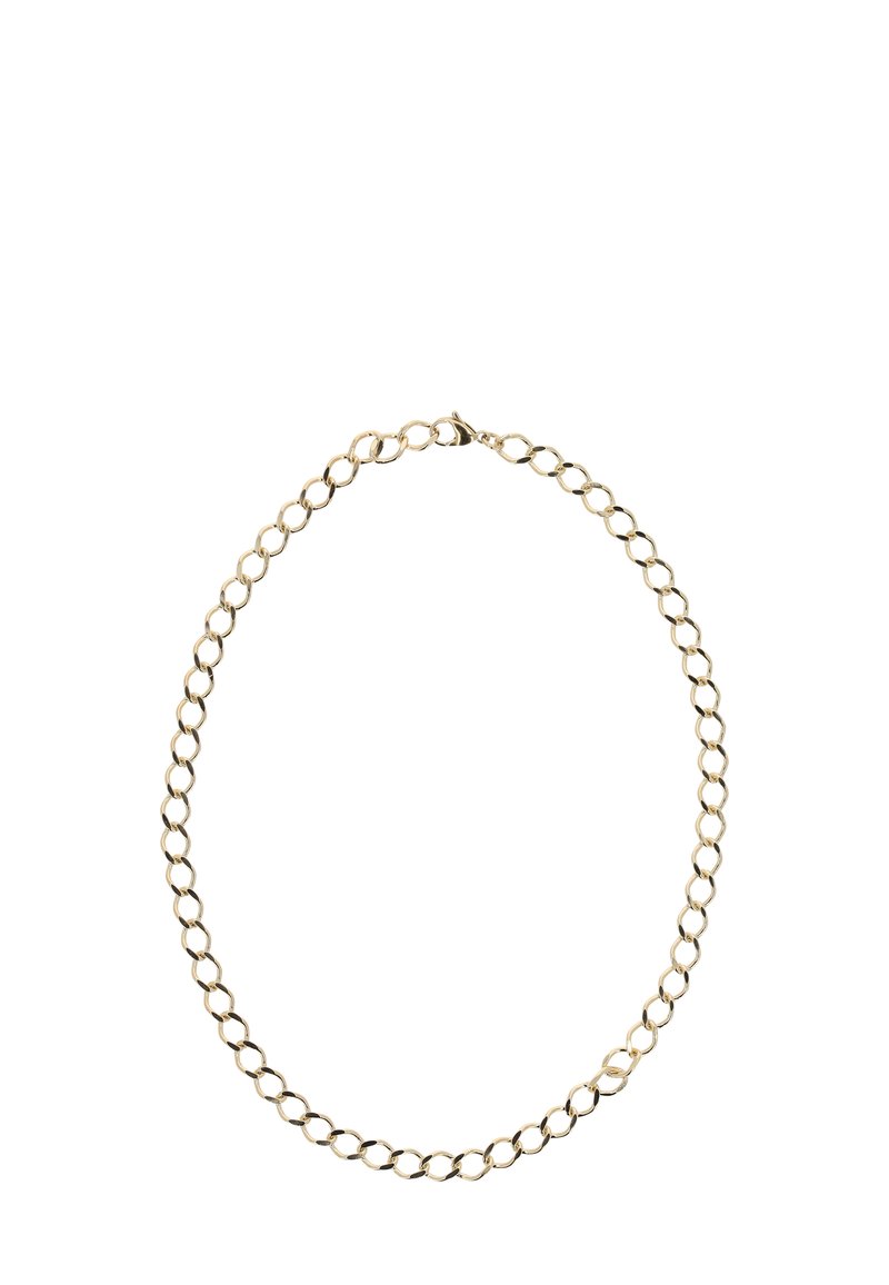 Arany lánc nyaklánc ovális szemekből, sima felülettel és kapoccsal. Egyszerű kialakítás, egységes felülettel és egyenletes láncszem mérettel.