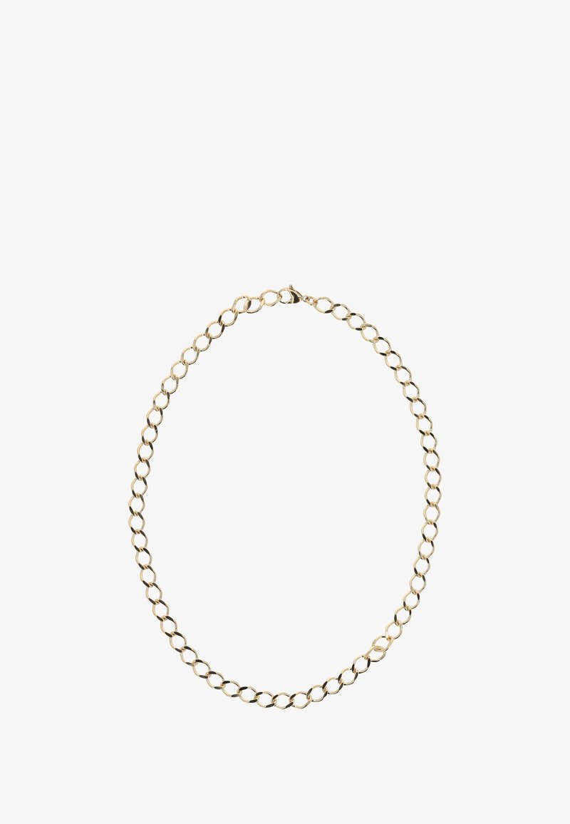 Arany lánc nyaklánc ovális szemekből, sima felülettel és kapoccsal. Egyszerű kialakítás, egységes felülettel és egyenletes láncszem mérettel.