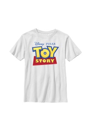 Hvid t-shirt med korte ærmer med farverigt "Disney Pixar Toy Story" logo på fronten.