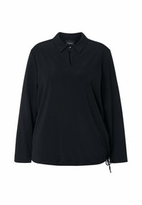 Polo shirt nero a maniche lunghe con collo a zip a quarto, orlo con cordoncino e tessuto leggero e liscio. Design del colletto classico.