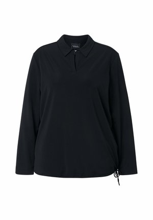 Zwarte polo met lange mouwen en een kwart-rits halslijn, koord in de zoom en een gladde, lichte stof. Klassiek kraagontwerp.