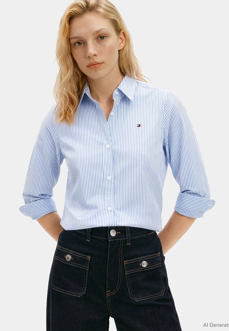 Jeune femme aux cheveux blonds portant une chemise à rayures bleu clair boutonnée aux manches retroussées et un jean sombre taille haute avec poches avant.