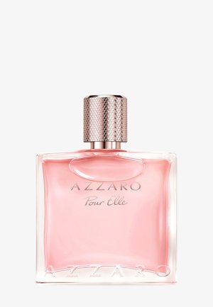 Transparent glass perfume bottle with pink liquid, rose gold textured cap, and "AZZARO Pour Elle" label on front.