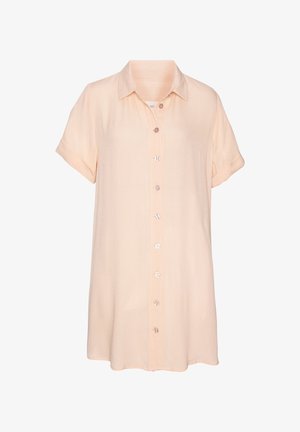 Pfirsichfarbendes, kurzärmeliges Button-Up-Hemd aus leichtem Stoff. Verfügt über einen klassischen Kragen und durchsichtige Knopfverschlüsse an der Vorderseite.