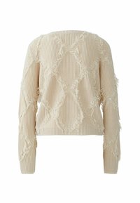 Beige gestrickter Pullover mit lockerer Passform, der über Diamantmuster und Fransenverzierungen an den Rändern verfügt. Rippbündchen an Ärmeln und Halsauschnitt.