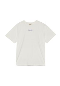 Weißes Baumwoll-T-Shirt mit Rundhalsausschnitt, kurzen Ärmeln und einem zentralen blauen "HALO"-Grafik mit zusätzlichem Text darunter.
