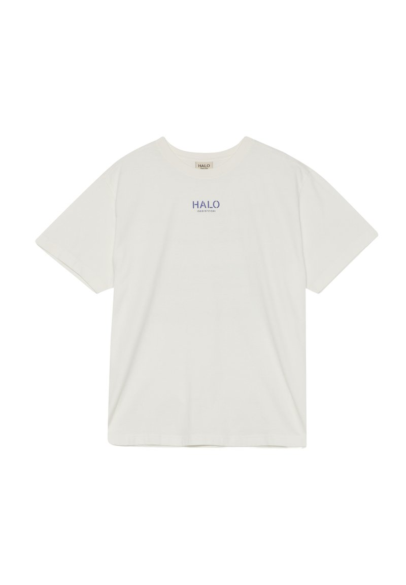 Weißes Baumwoll-T-Shirt mit Rundhalsausschnitt, kurzen Ärmeln und einem zentralen blauen "HALO"-Grafik mit zusätzlichem Text darunter.