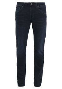 Mörkblå denimjeans, slim fit, med framfickor, metallknappsstängning och subtila slitningar på låren. Slät textur.