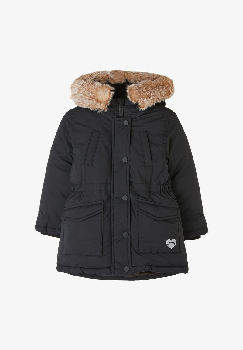 Parka isolante noire avec capuche en fausse fourrure, dotée d'une taille cintrée, de deux poches avant et d'un logo en forme de cœur.