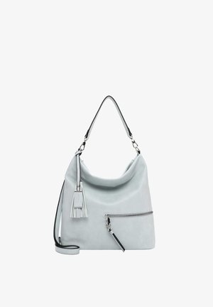 Lysegrå skuldertaske i læder med lynlåsfrontlomme, aftagelig kvastdekoration og justerbar rem.