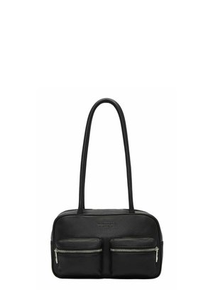 Borsa a mano rettangolare nera in pelle con manici lunghi e due tasche anteriori con zip.
