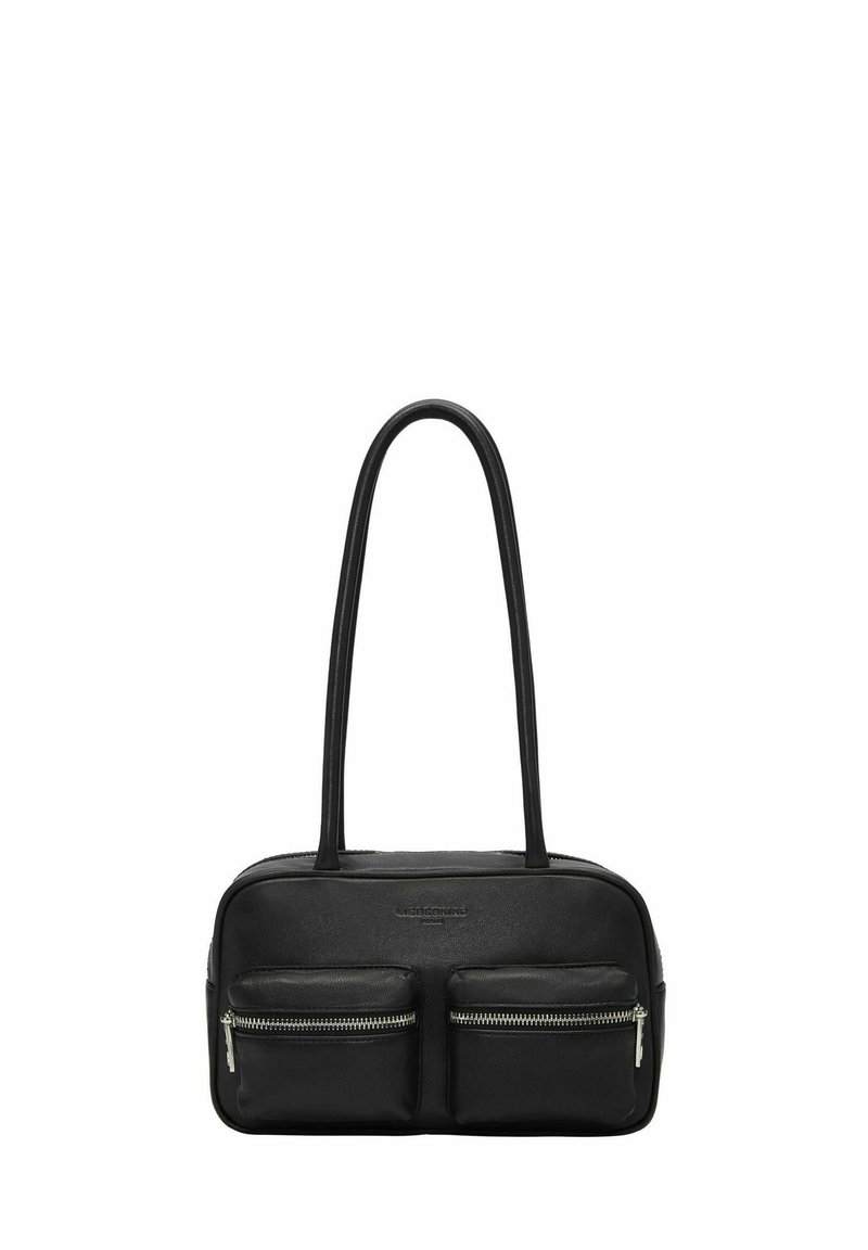 Czarna prostokątna skórzana torebka na ramię z długimi uchwytami i dwiema przednimi kieszeniami na zamek błyskawiczny.